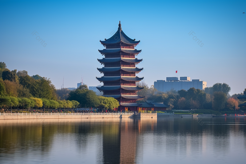 城市公园里湖边的古代佛塔摄影实拍,高清,摄影图,摄影图片,图片大全,摄影图免费下载